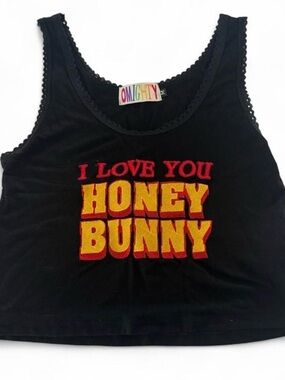 omighty Black Crop Tank with Red and Yellow 'I Love You Honey Bunny' Applique